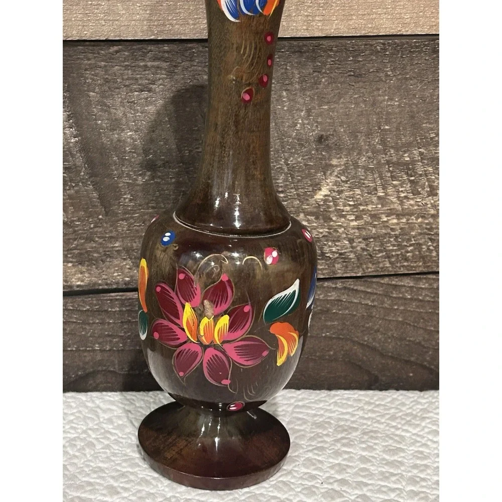 Vintage Handpainted Wood Floral Vase‎ - MCM Multicolor